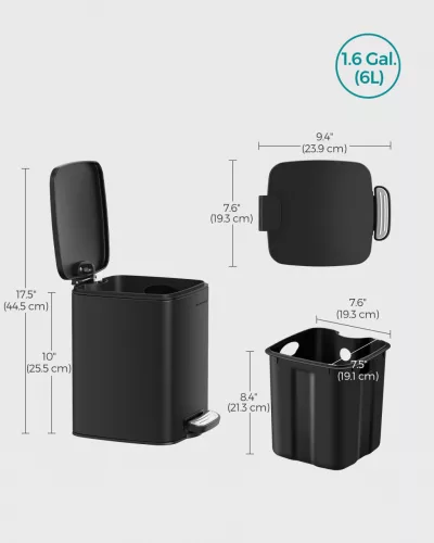Coș de gunoi de bucătărie, acționat cu pedală, oțel, cu găleată interioară, închidere silențioasă, 6L, negru