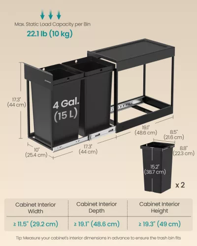 Coș de gunoi selectiv, încorporat, 2x15L, oțel, negru