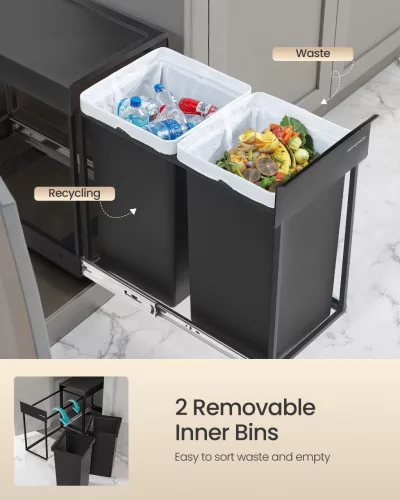 Coș de gunoi selectiv, încorporat, 2x15L, oțel, negru