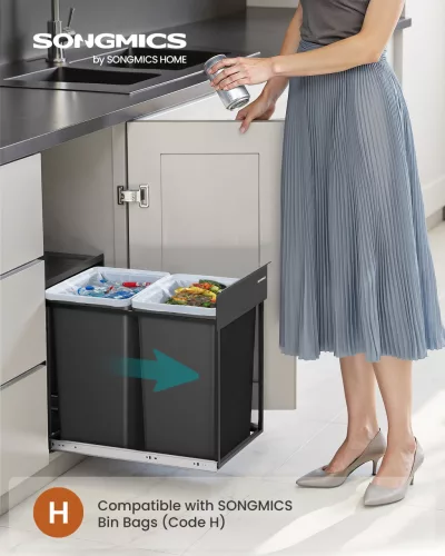 Coș de gunoi selectiv, 2x20L, încorporat, extragere lină, oțel, negru cerneală