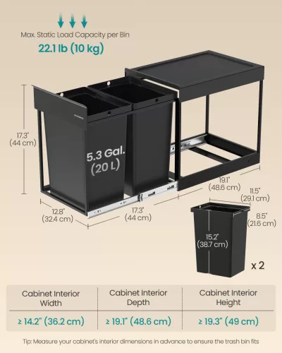 Coș de gunoi selectiv, 2x20L, încorporat, extragere lină, oțel, negru cerneală