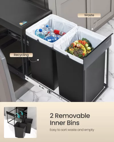 Coș de gunoi selectiv, 2x20L, încorporat, extragere lină, oțel, negru cerneală