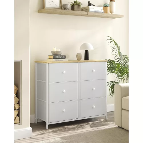 Dulap de depozitare cu 6 sertare din textil, dulap, alb și stejar 80x30x71cm