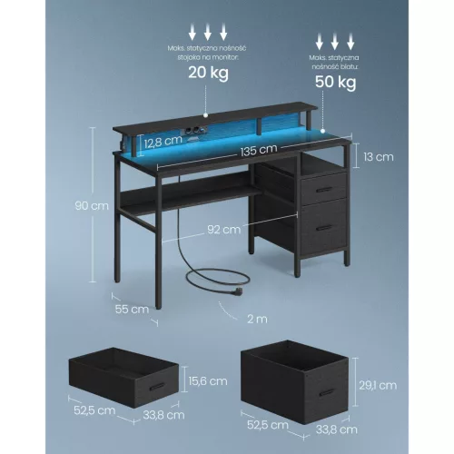 Íróasztal szövet fiókokkal, monitor állvánnyal, LED világítással, 135 x 55 x 90