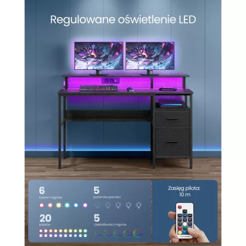Íróasztal szövet fiókokkal, monitor állvánnyal, LED világítással, 135 x 55 x 90