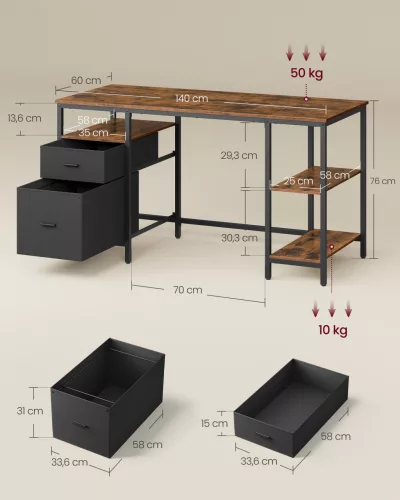 Birou, masă de calculator, cu 3 rafturi, 2 sertare, maro rustic 140x60x76cm