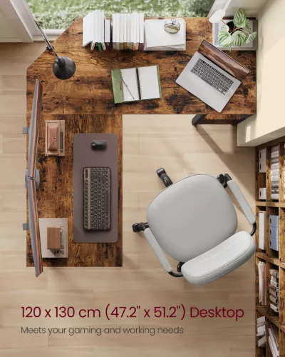Birou de colț, rustic maro 120x130x76cm, cu 2 rafturi