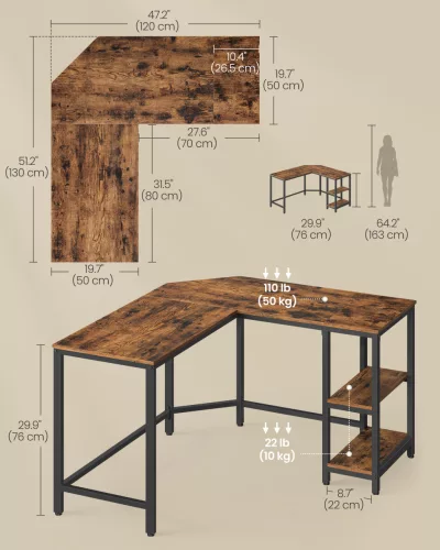 Birou de colț, rustic maro 120x130x76cm, cu 2 rafturi