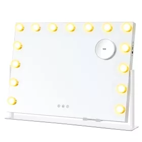   Oglindă de machiaj cu iluminare, 58 x 43 cm, 15 becuri LED, control tactil, alb mat