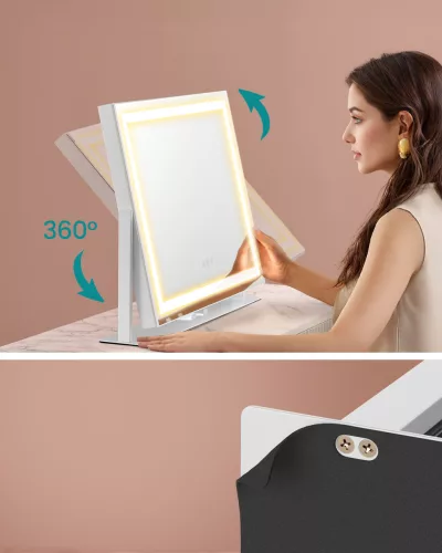 Oglindă de machiaj cu iluminare, 15 becuri LED, control tactil, alb mat
