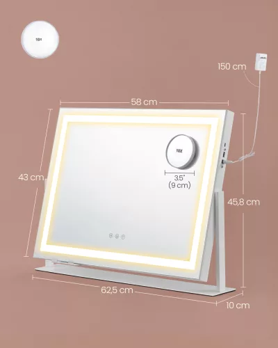 Oglindă de machiaj cu iluminare, 15 becuri LED, control tactil, alb mat