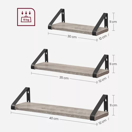 Set de 3 rafturi plutitoare, gri și negru, 30/35/40 cm