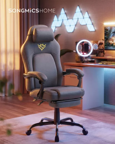 Gamer szék, ergonomikus, lábtartóval, állítható magassággal, szürke szövet