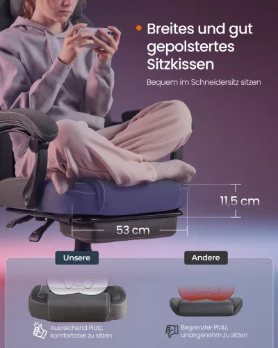Gamer szék, ergonomikus, lábtartóval, állítható magassággal, szürke szövet