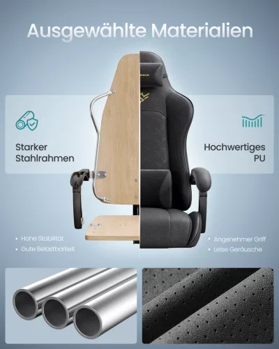 Irodai szék, gamer szék, ergonomikus, ülőpárnával, lábtámasszal, fekete PU szövet
