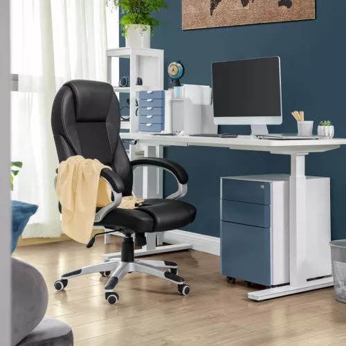 Scaun de birou, scaun rotativ, ergonomic, piele ecologică, cu roți, negru
