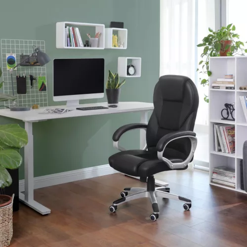 Scaun de birou, scaun rotativ, ergonomic, piele ecologică, cu roți, negru