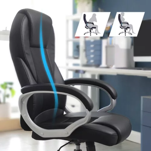 Scaun de birou, scaun rotativ, ergonomic, piele ecologică, cu roți, negru