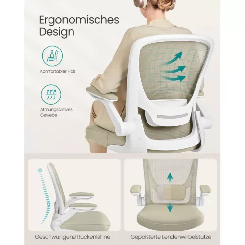 Scaun de birou, plasă, ergonomic, cu cotiere reglabile, bej