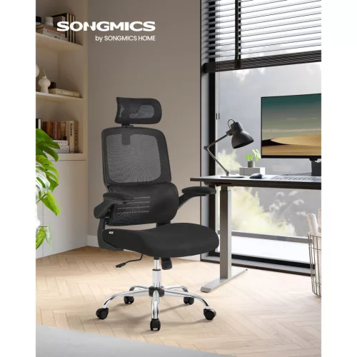 Scaun de birou rotativ, ergonomic, cu spătar din plasă, tetieră, balansoar