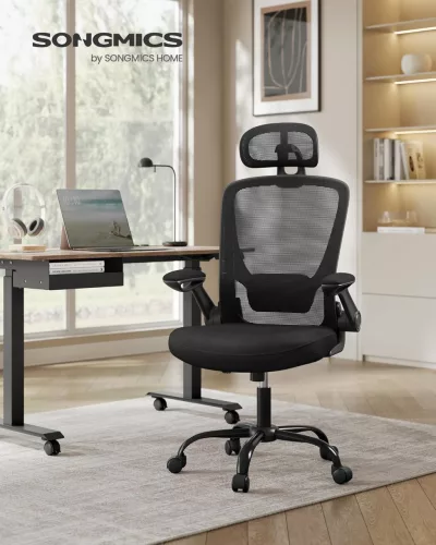 Scaun de birou, ergonomic, din plasă, rabatabil, cu suport lombar căptușit, negru