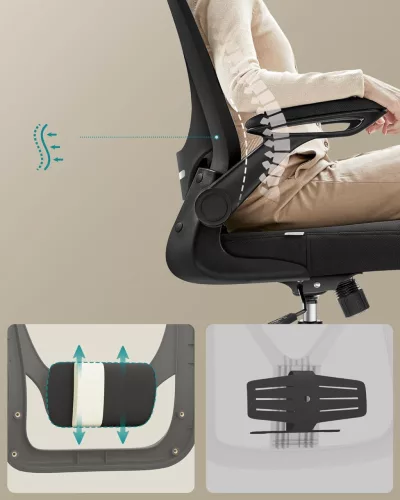 Scaun de birou, ergonomic, din plasă, rabatabil, cu suport lombar căptușit, negru