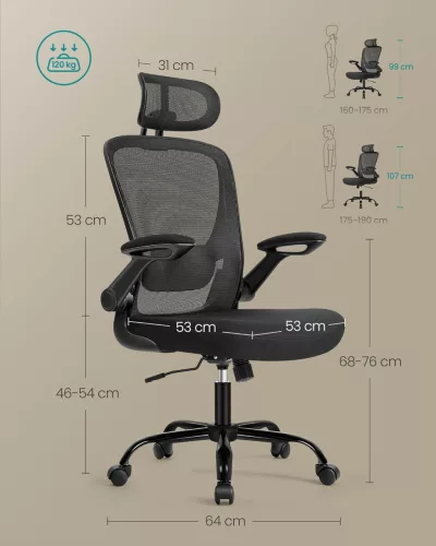 Scaun de birou, ergonomic, din plasă, rabatabil, cu suport lombar căptușit, negru
