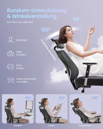 Scaun de birou, ergonomic, suport reglabil, negru cerneală