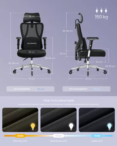 Scaun de birou, ergonomic, suport reglabil, negru cerneală