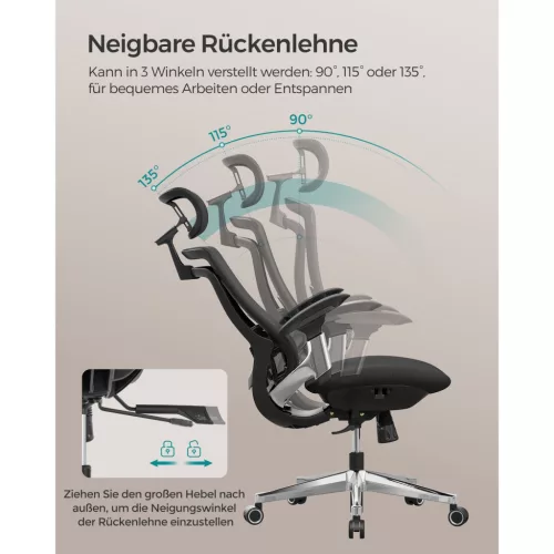 Scaun de birou, ergonomic, rabatabil, șezut reglabil, negru