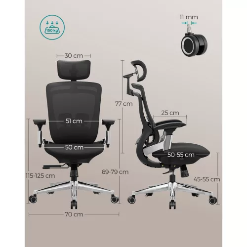 Scaun de birou, ergonomic, rabatabil, șezut reglabil, negru