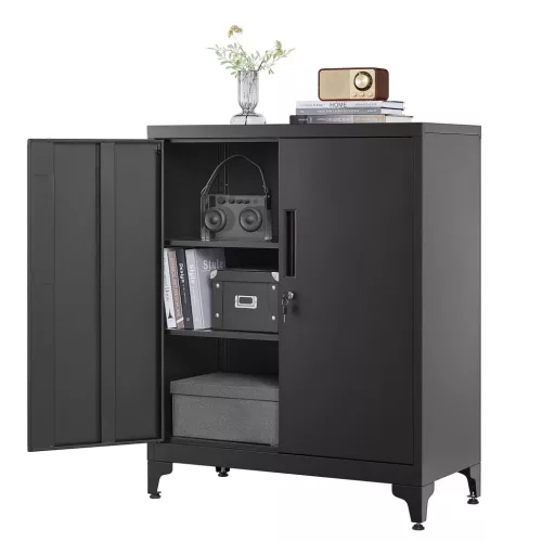 Dulap de depozitare pentru birou, multifuncțional, 2 uși, cu încuietoare, negru 80x40x90cm