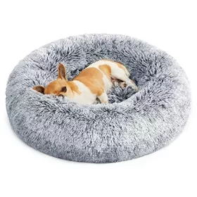 Pat pentru câini pufos, formă rotundă, moale, 60 cm, gri