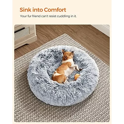 Pat pentru câini pufos, formă rotundă, moale, 60 cm, gri