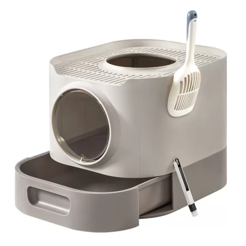 Litiera pentru pisici, cu încuietoare, tavă extensibilă, maro și gri cald 54x42x38cm