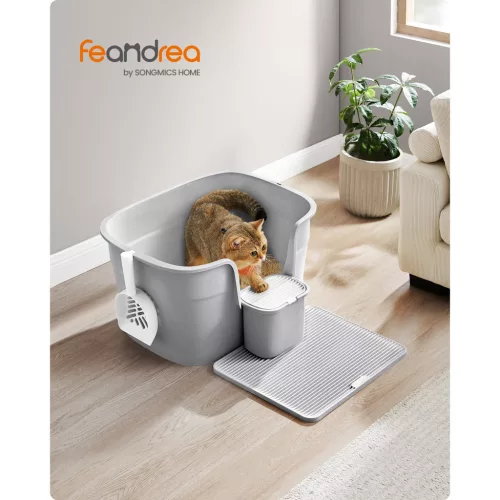 Litiera pentru pisici, cu perete lateral înalt, gri, 54x42x38cm