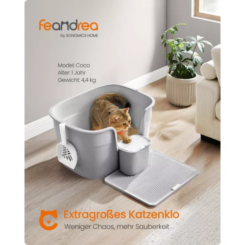 Litiera pentru pisici, cu perete lateral înalt, gri, 54x42x38cm