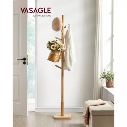 Cuier haine din lemn cu 8 cârlige, natural, 30 x 30 x 173 cm