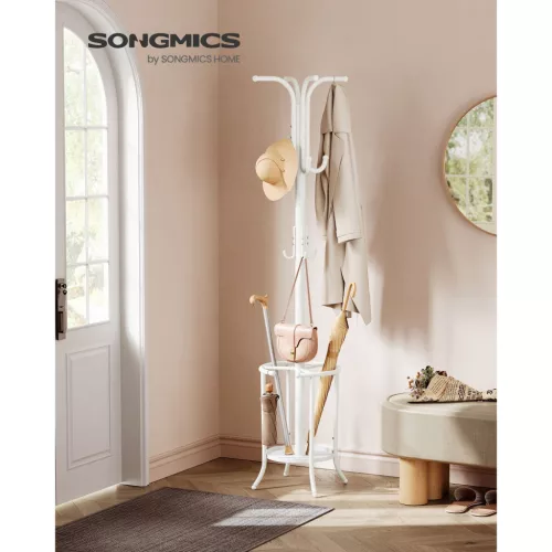 songmics-cuier-haine-metalic-cu-suport-pentru-umbrela-12-carlige-alb-perlat-inaltime-175