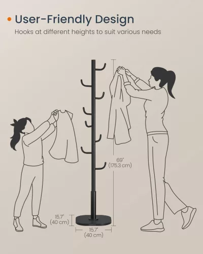 Suport de haine vertical în formă de cactus cu 8 cârlige, negru, 175 cm înălțime