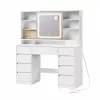 Masă de toaletă, cu oglindă, cu iluminare LED, cu 9 sertare, alb, 110 x 40 x 142 cm