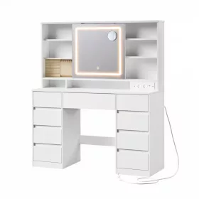   Masă de toaletă, cu oglindă, cu iluminare LED, cu 9 sertare, alb, 110 x 40 x 142 cm