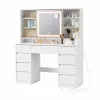 Masă de toaletă, cu oglindă, cu iluminare LED, cu 9 sertare, alb, 110 x 40 x 142 cm