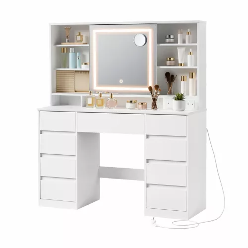 Masă de toaletă, cu oglindă, cu iluminare LED, cu 9 sertare, alb, 110 x 40 x 142 cm