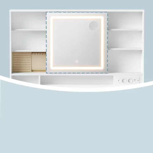 Masă de toaletă, cu oglindă, cu iluminare LED, cu 9 sertare, alb, 110 x 40 x 142 cm