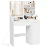 Masă de toaletă, masă de machiaj cu oglindă LED cu sertare și rafturi, albă