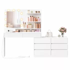   Masă de toaletă, cu oglindă, cu iluminare LED, cu 8 sertare, extensibilă, alb