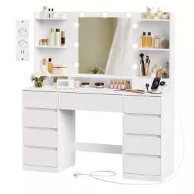   Masă de toaletă cu iluminare LED, oglindă, priză integrată, alb nori 107x40x144 cm