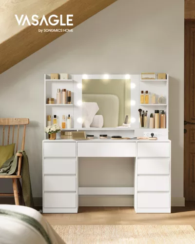 Masă de toaletă cu iluminare LED, oglindă, priză integrată, alb nori 107x40x144 cm