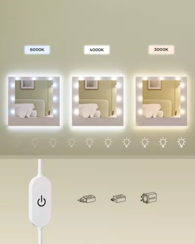 Masă de toaletă cu iluminare LED, oglindă, priză integrată, alb nori 107x40x144 cm